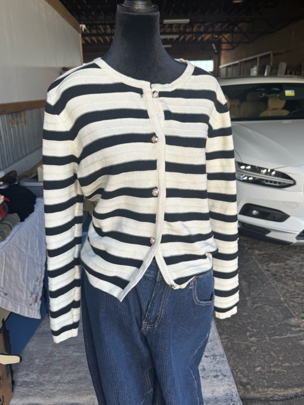 Striped Black and Cream Button-Up Women's Sweater